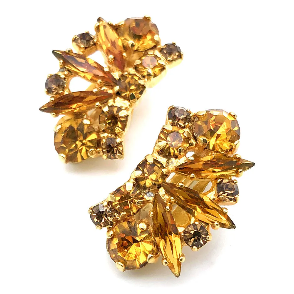 【カナダ輸入】ヴィンテージ アンバーオレンジ ラインストーン イヤリング/Vintage Amber Orange Rhinestones Clip On Earrings