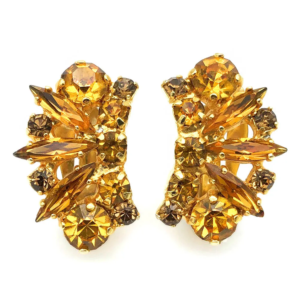 【カナダ輸入】ヴィンテージ アンバーオレンジ ラインストーン イヤリング/Vintage Amber Orange Rhinestones Clip On Earrings