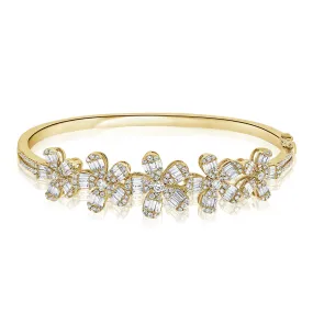 14K Gold & Baguette Diamond Flower Bangle - 2.84ct