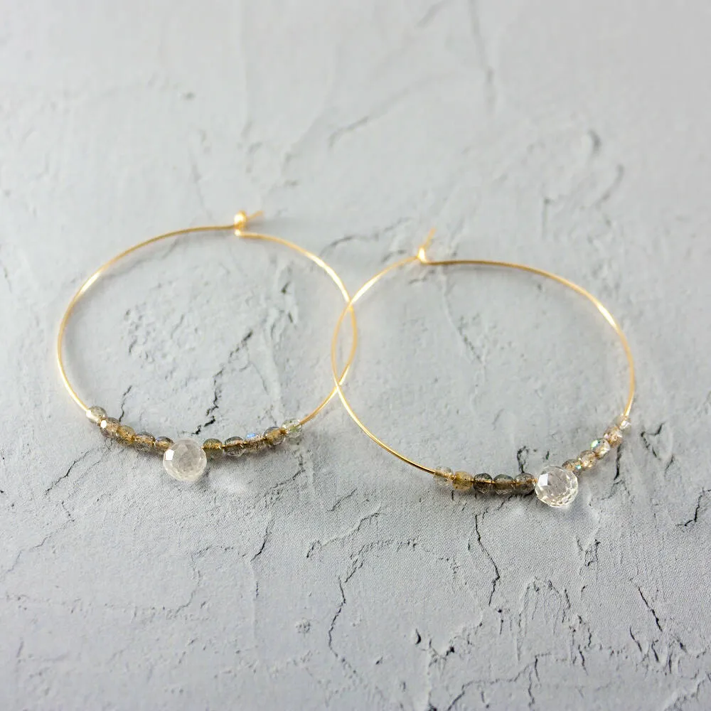 14k Gold Filled Labradorite & Quartz Beaded Hoop Earrings