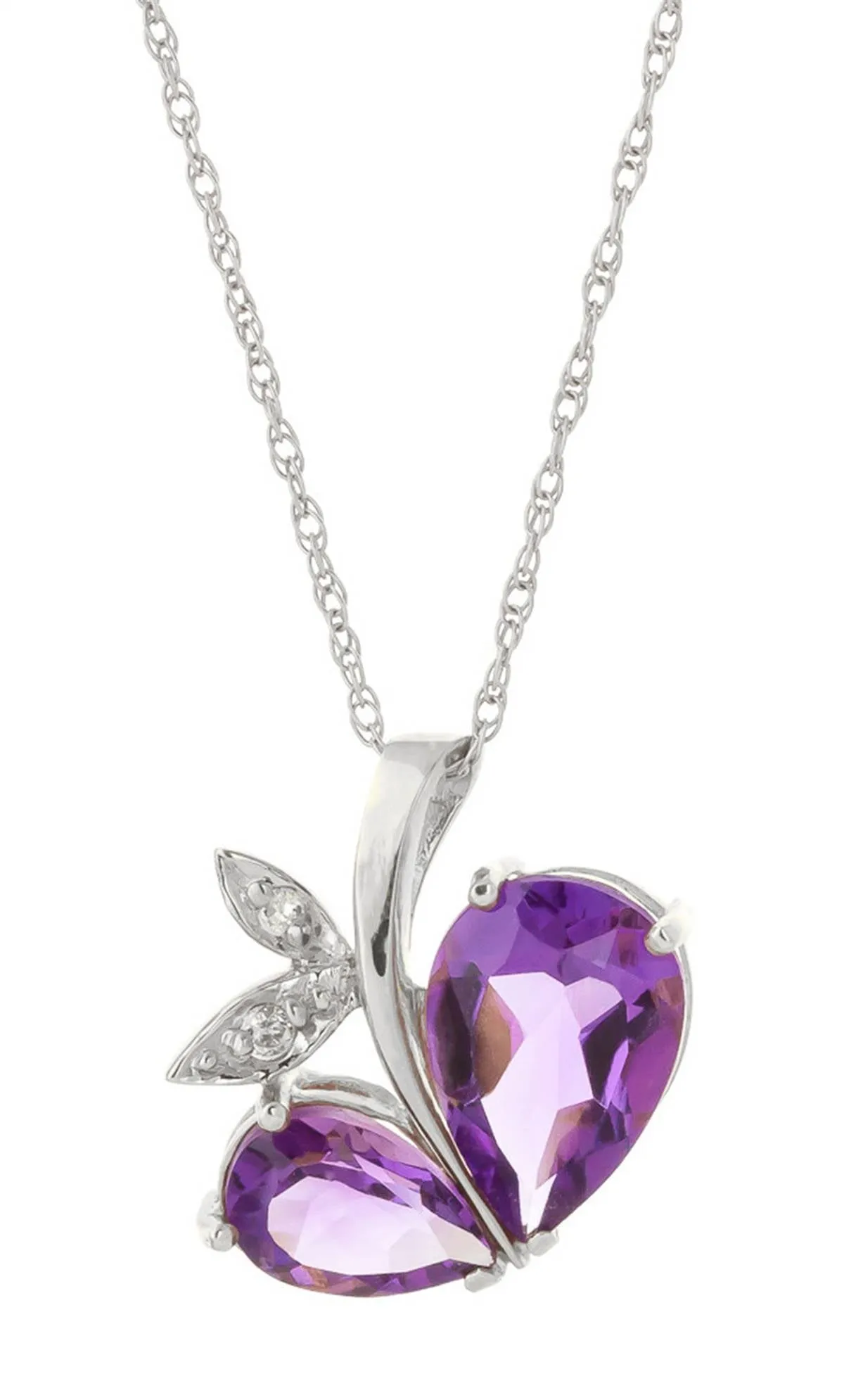 14K Solid White Gold Modern Heart Necklace w/ Natural Diamond & Amethysts