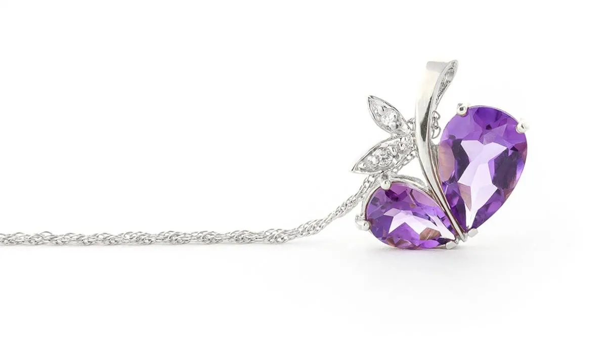 14K Solid White Gold Modern Heart Necklace w/ Natural Diamond & Amethysts