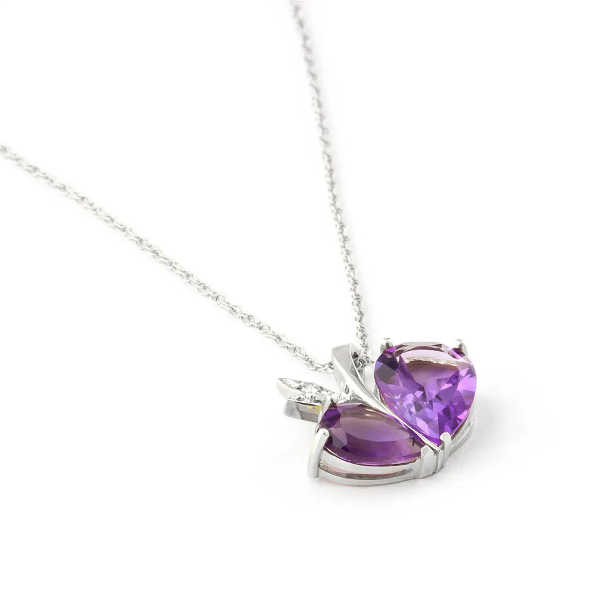 14K Solid White Gold Modern Heart Necklace w/ Natural Diamond & Amethysts