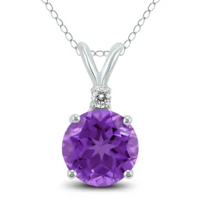 14K White Gold 6Mm Round Amethyst And Diamond Pendant