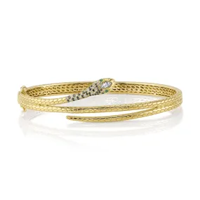 14K Yellow Gold Diamond and Emerald Snake Bangle Bracelet