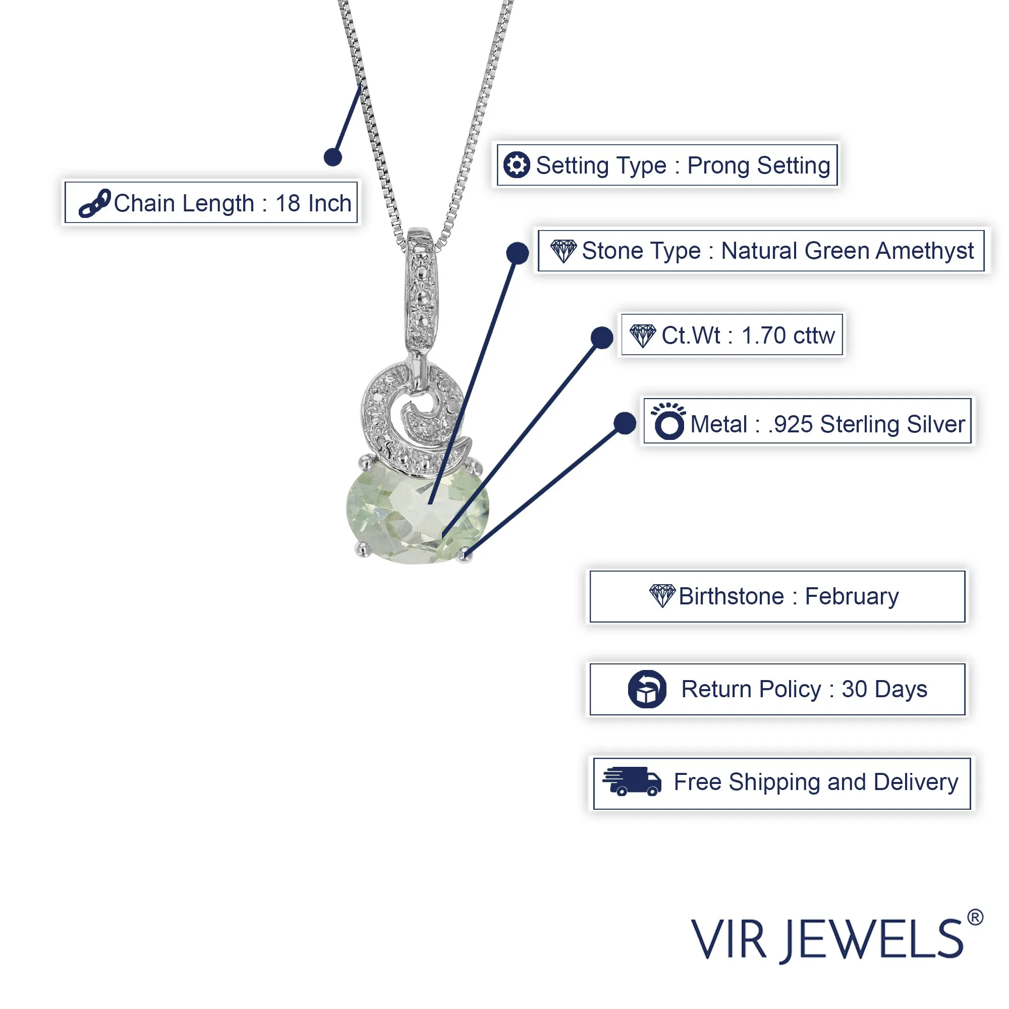 1.70 cttw Green Amethyst Pendant Necklace .925 Sterling Silver 9x7 MM Oval