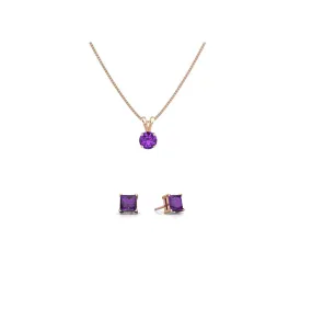 18K Rose Gold 3ct Amethyst Round 18 Inch Necklace and Square Earrings Set Plated