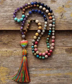 7 Chakra Triangle Charm Tassel Necklace - Handcrafted Healing Stone Jewelry