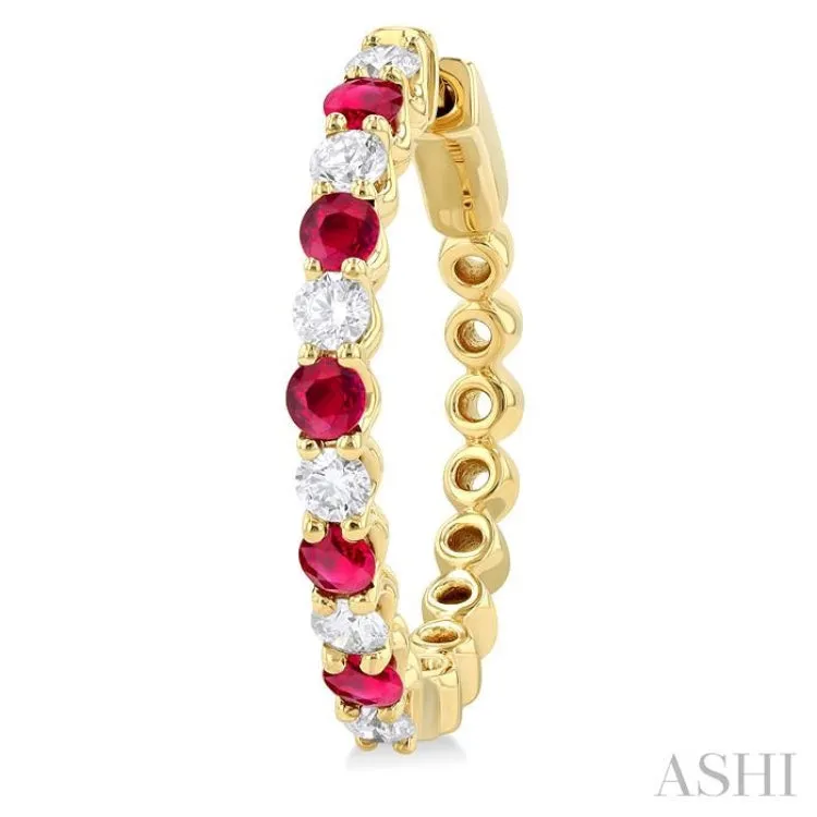 7/8 ctw Round 2.7MM Ruby and Round Cut Diamond Precious Hoop Earring in 14K Yellow Gold