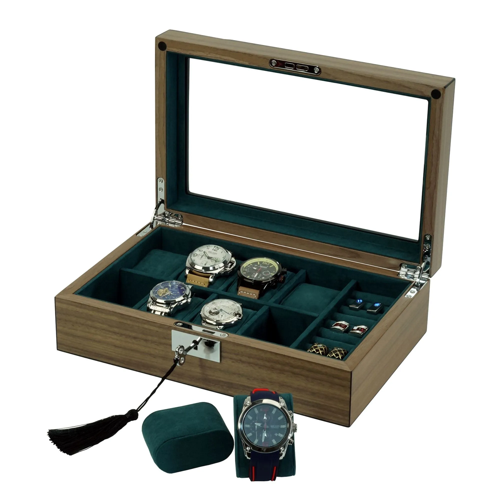 8 Slots Walnut Wooden Watch Box with Cufflinks Storage