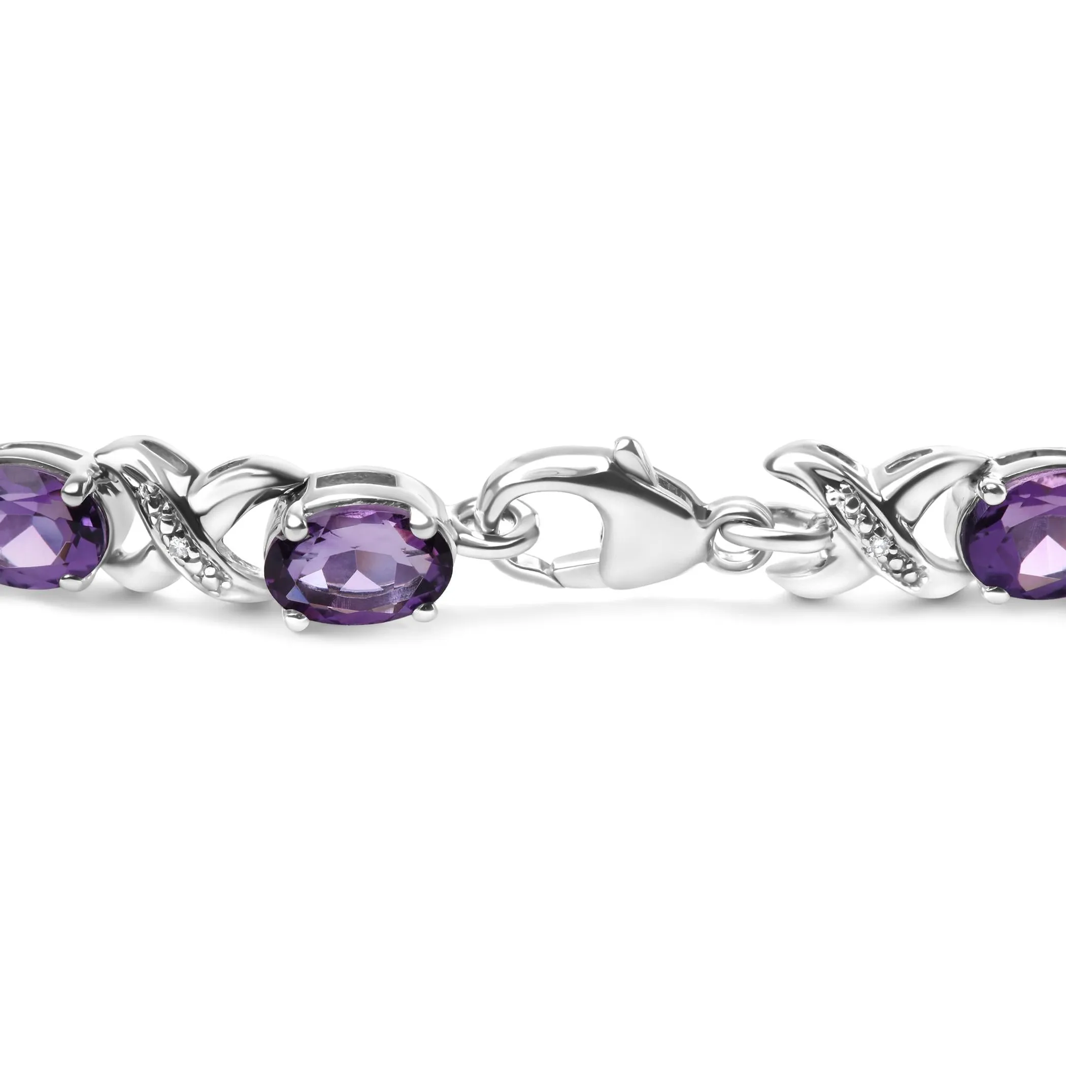 .925 Sterling Silver 7x5mm Oval Amethyst and Diamond Accent X-Link Bracelet (H-I Color, SI1-SI2 Clarity)  - Size 7"