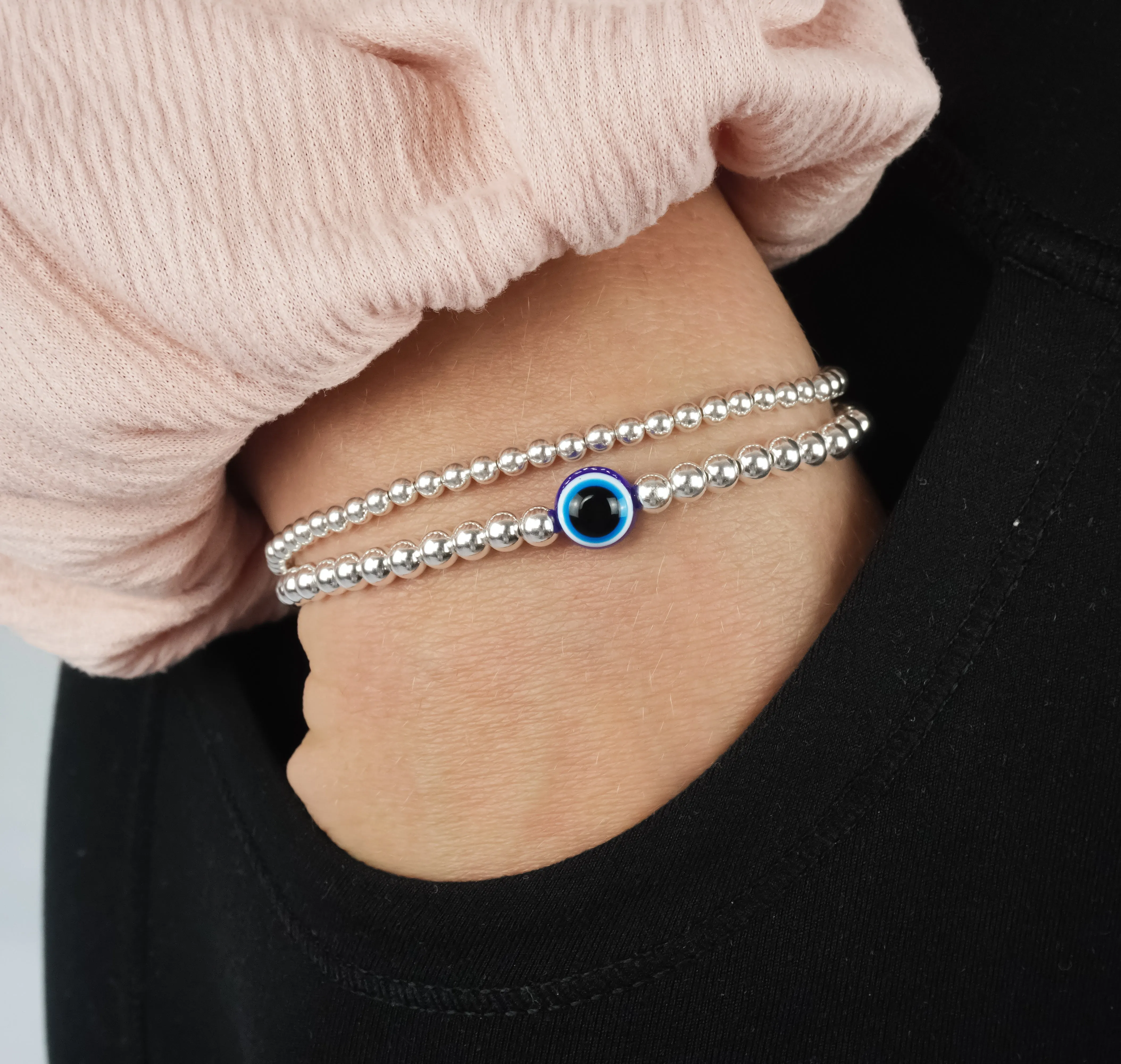 925 Sterling Silver Bracelet, Blue Evil Eye Charm, Evil Eye Bracelet, Stacked Bracelets, Evil Eye