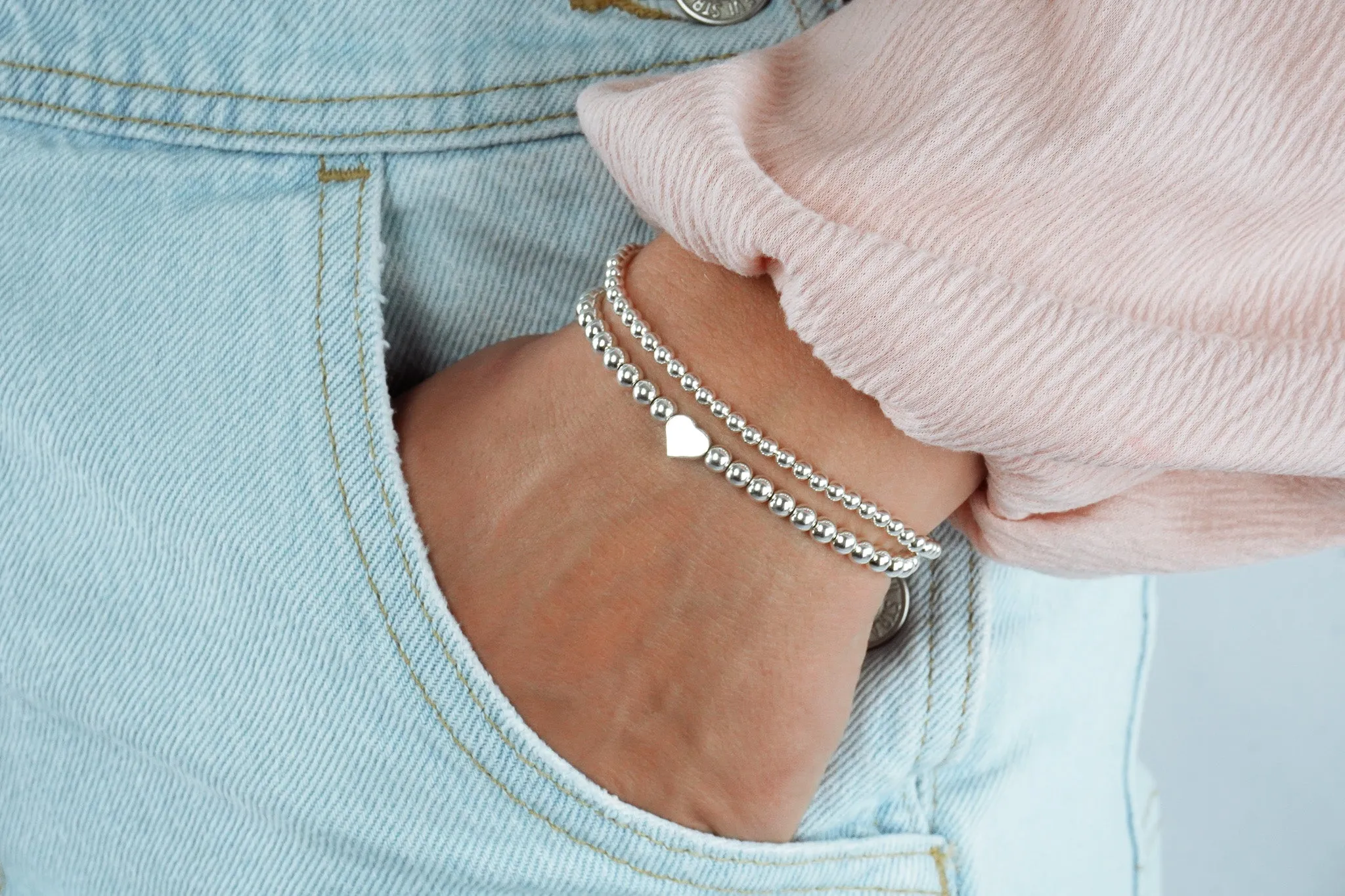 925 Sterling Silver Heart Bracelet, Sterling Silver Stretch Bracelet, Heart Bracelet, Stacked Bracelets