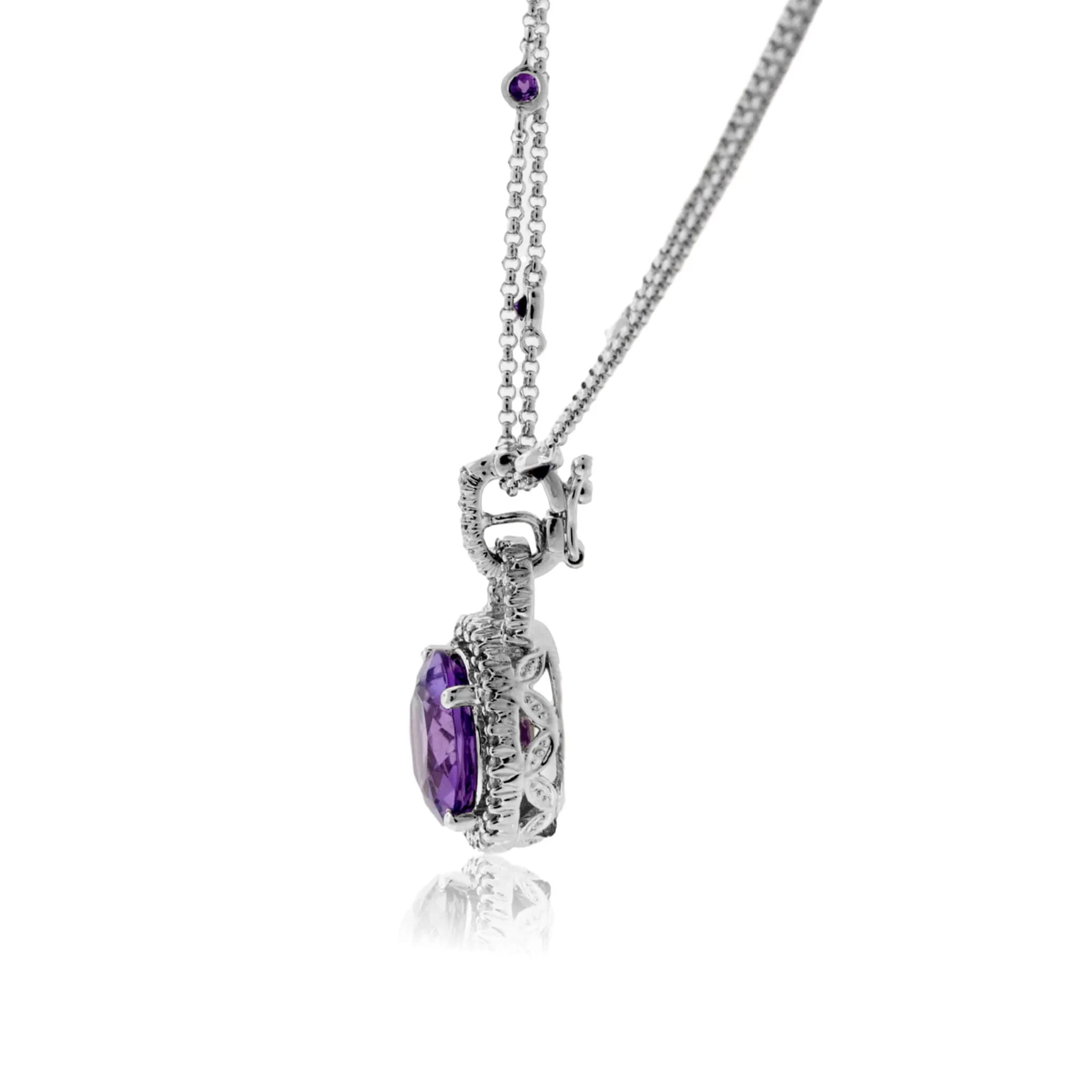 Amethyst Diamond Halo Style Pendant with Diamond Chain