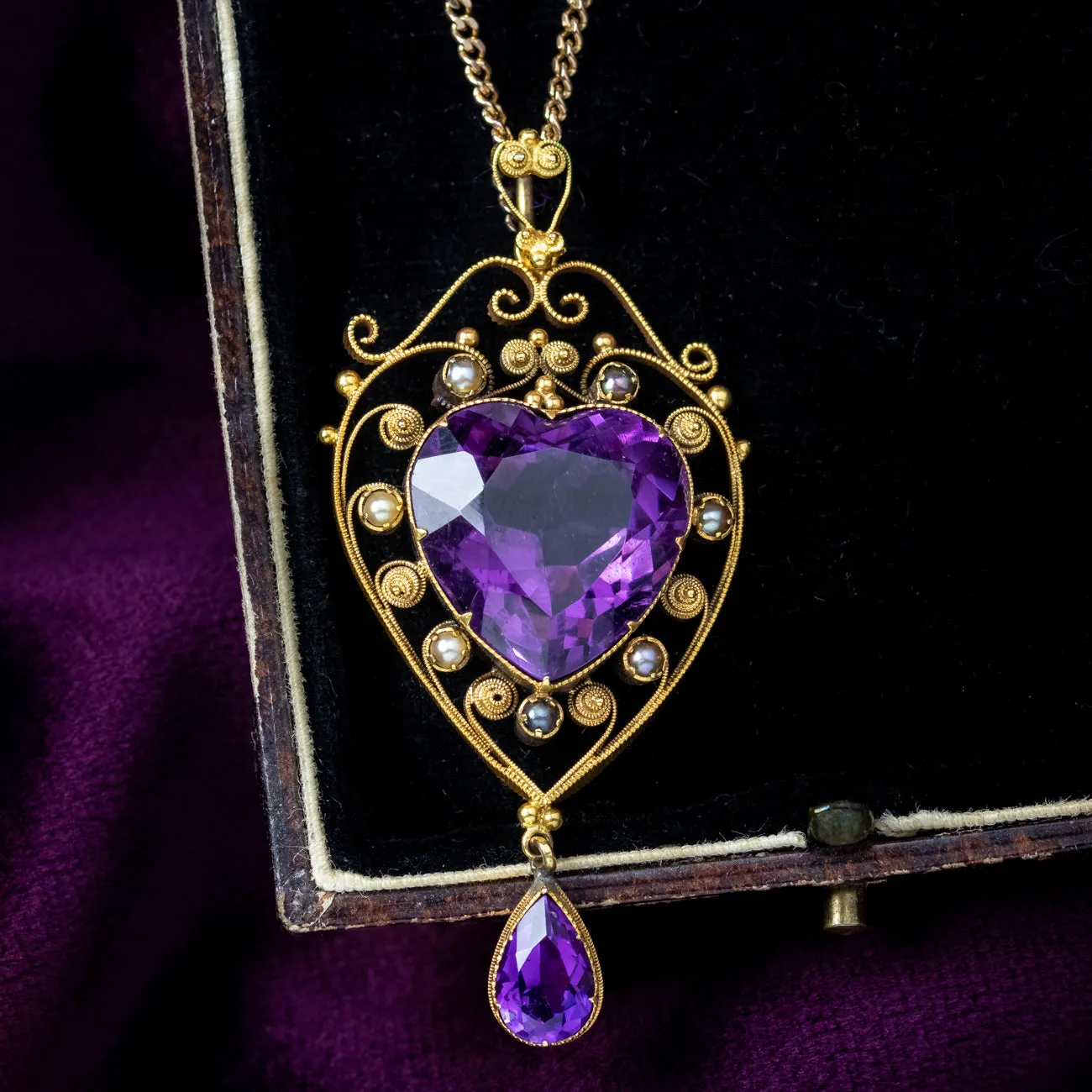 Antique Victorian Amethyst Pearl Heart Pendant Necklace 10ct Amethyst