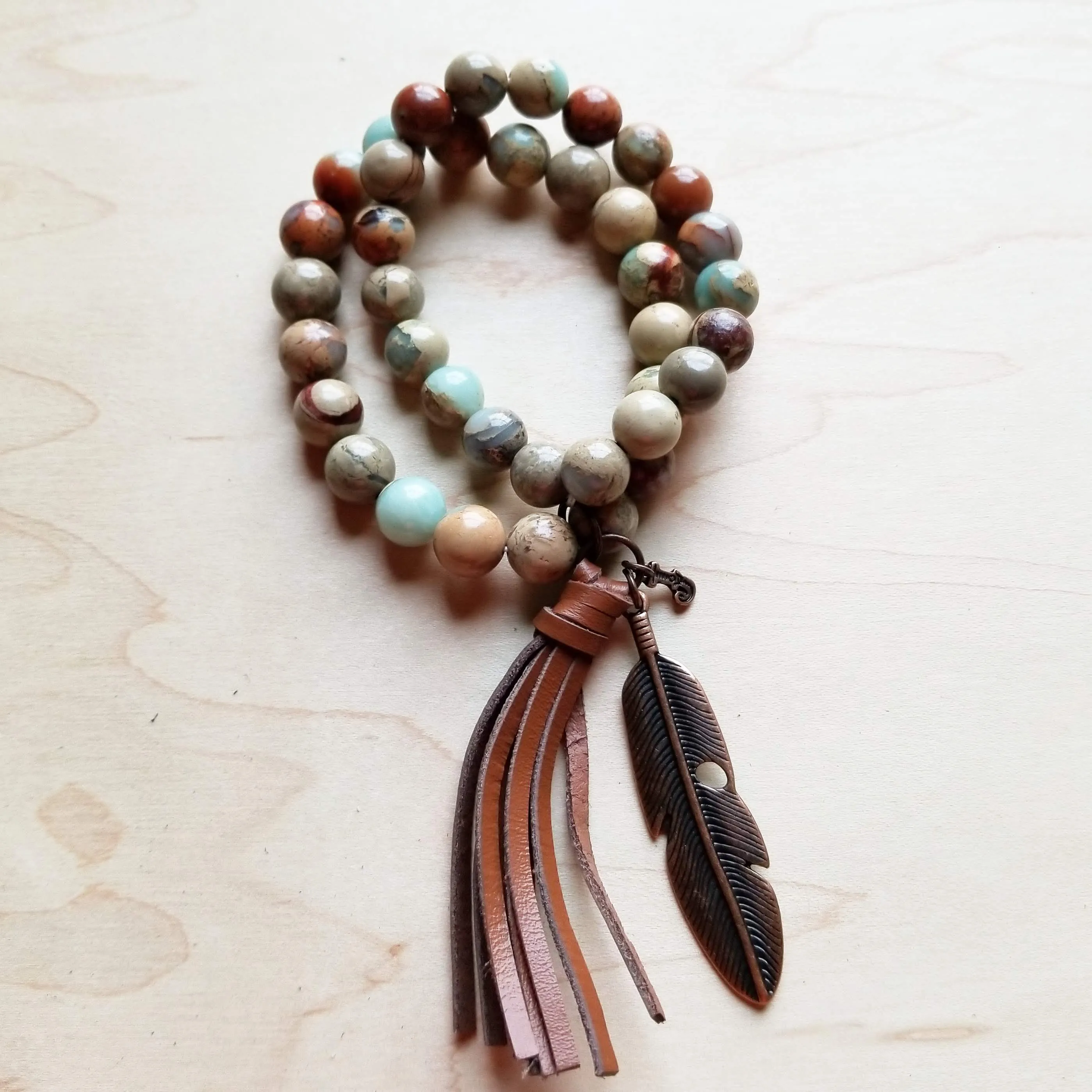 Aqua Terra Jasper Beaded Bracelet w/ Tassel 019H