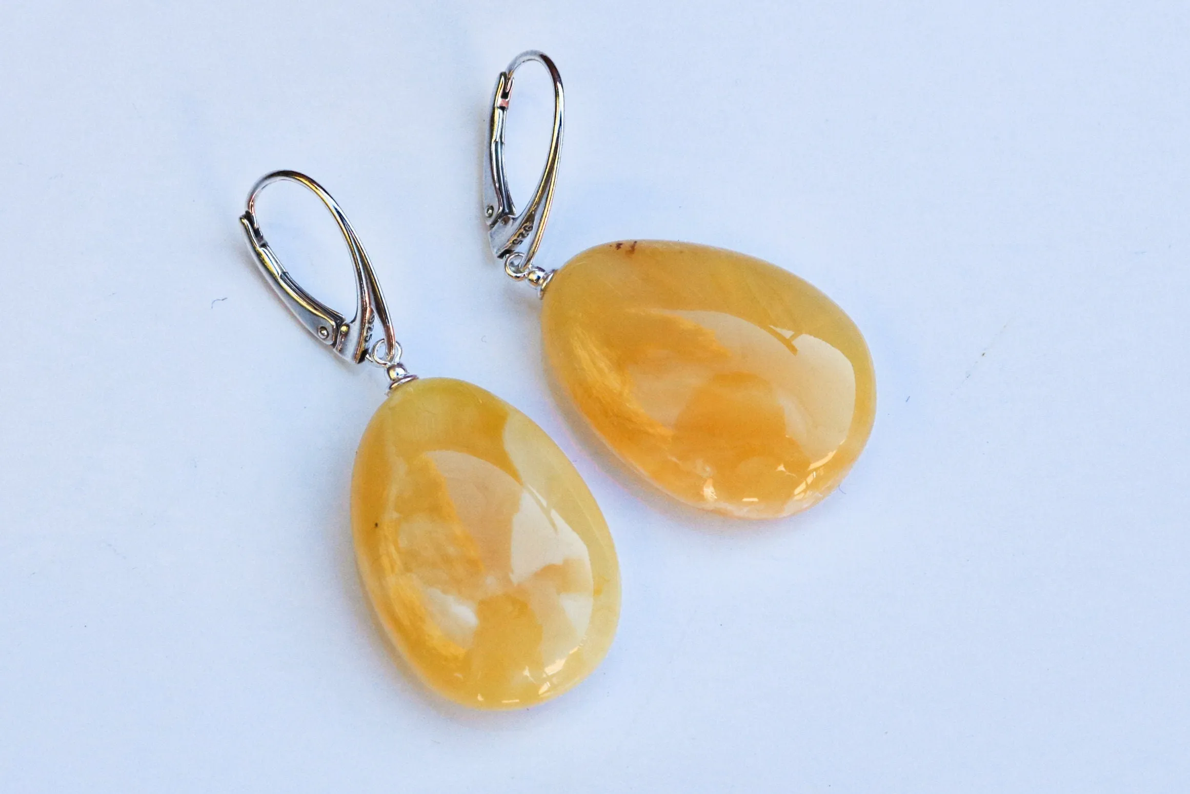 Baltic Amber Earrings Butterscotch Drop Natural Untreated Yellow 1.9" 7.2 gram 925 Silver