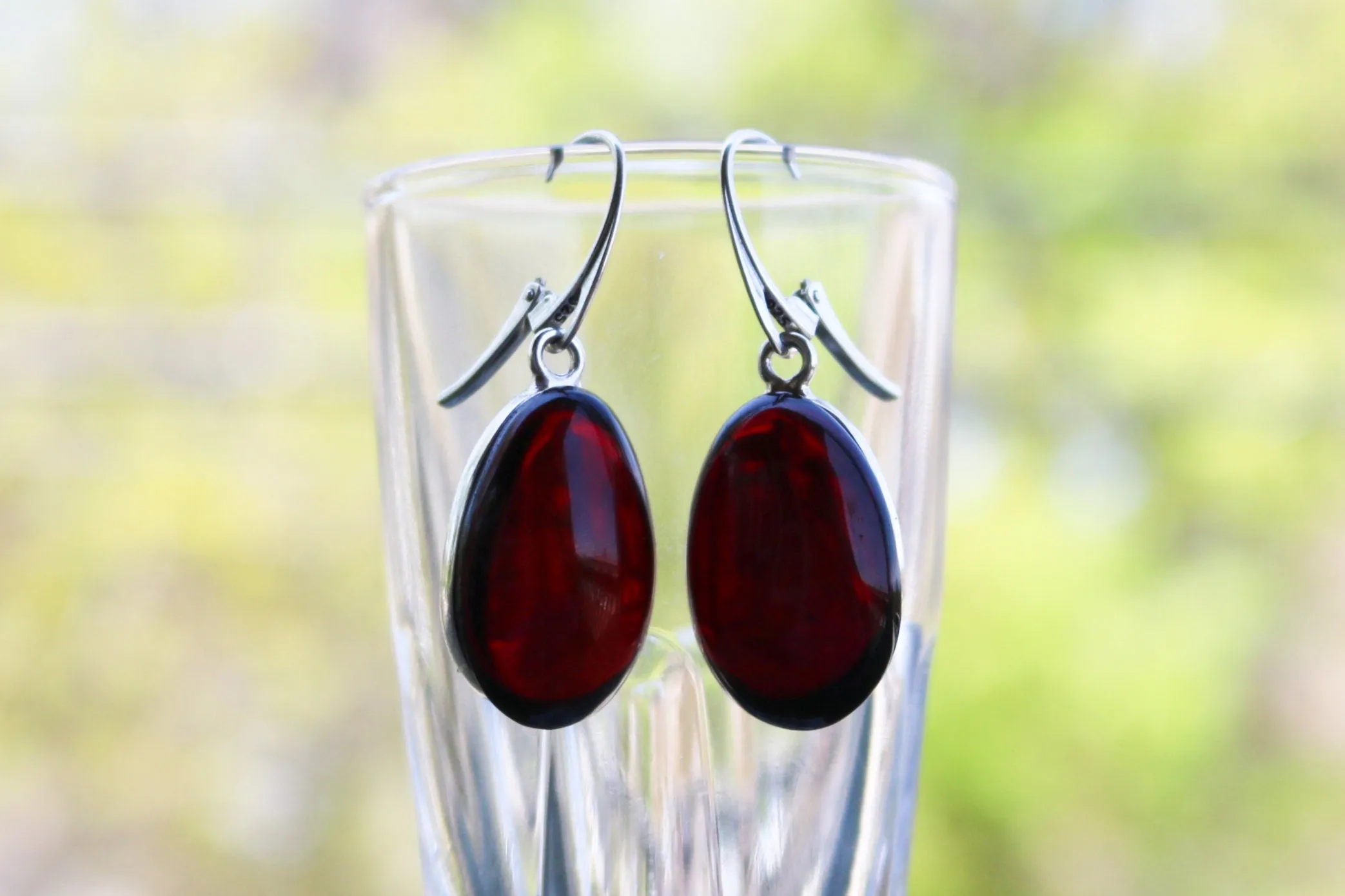 Baltic Amber Earrings Cherry Oval Natural Jewelry 1.74" 8.9 gram  925 Silver