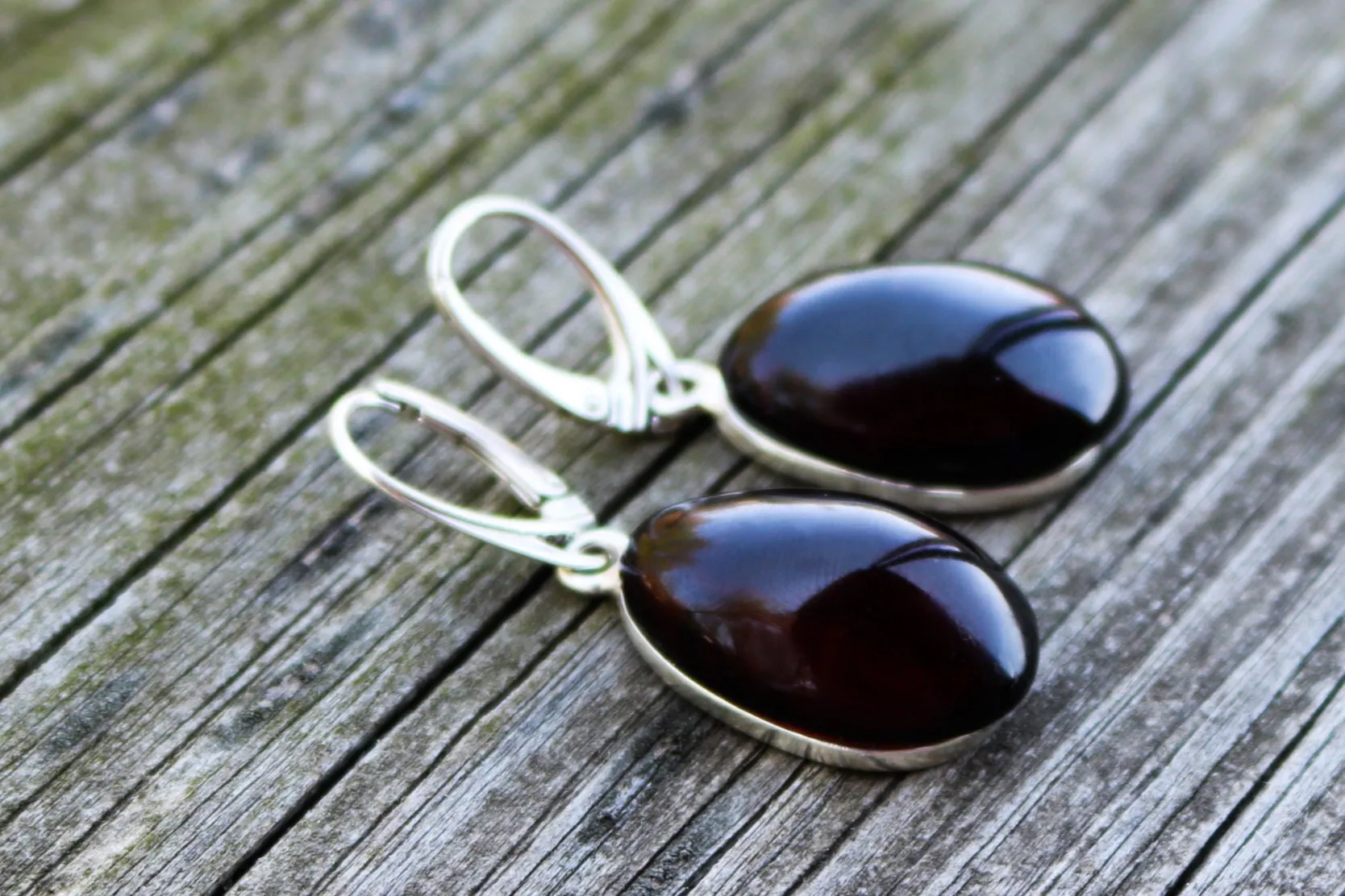 Baltic Amber Earrings Cherry Oval Natural Jewelry 1.74" 8.9 gram  925 Silver