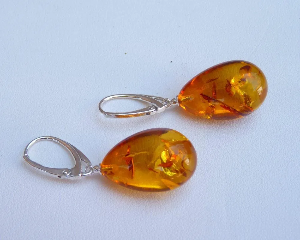 Baltic Amber Earrings Honey Drop Natural Sparkling Natural 1.61" 5.6 gram 925 Silver