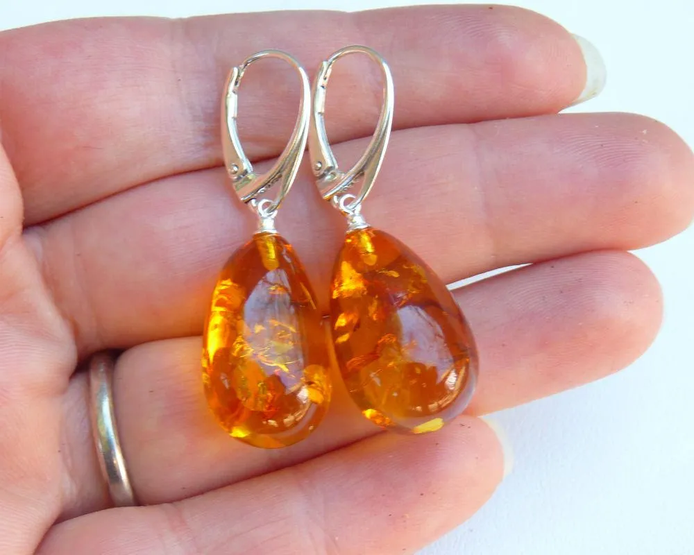 Baltic Amber Earrings Honey Drop Natural Sparkling Natural 1.61" 5.6 gram 925 Silver