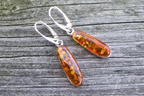 Baltic Amber Earrings Honey Oval Sparkling Natural Jewelry 1.72" 5.8 gram 925 silver