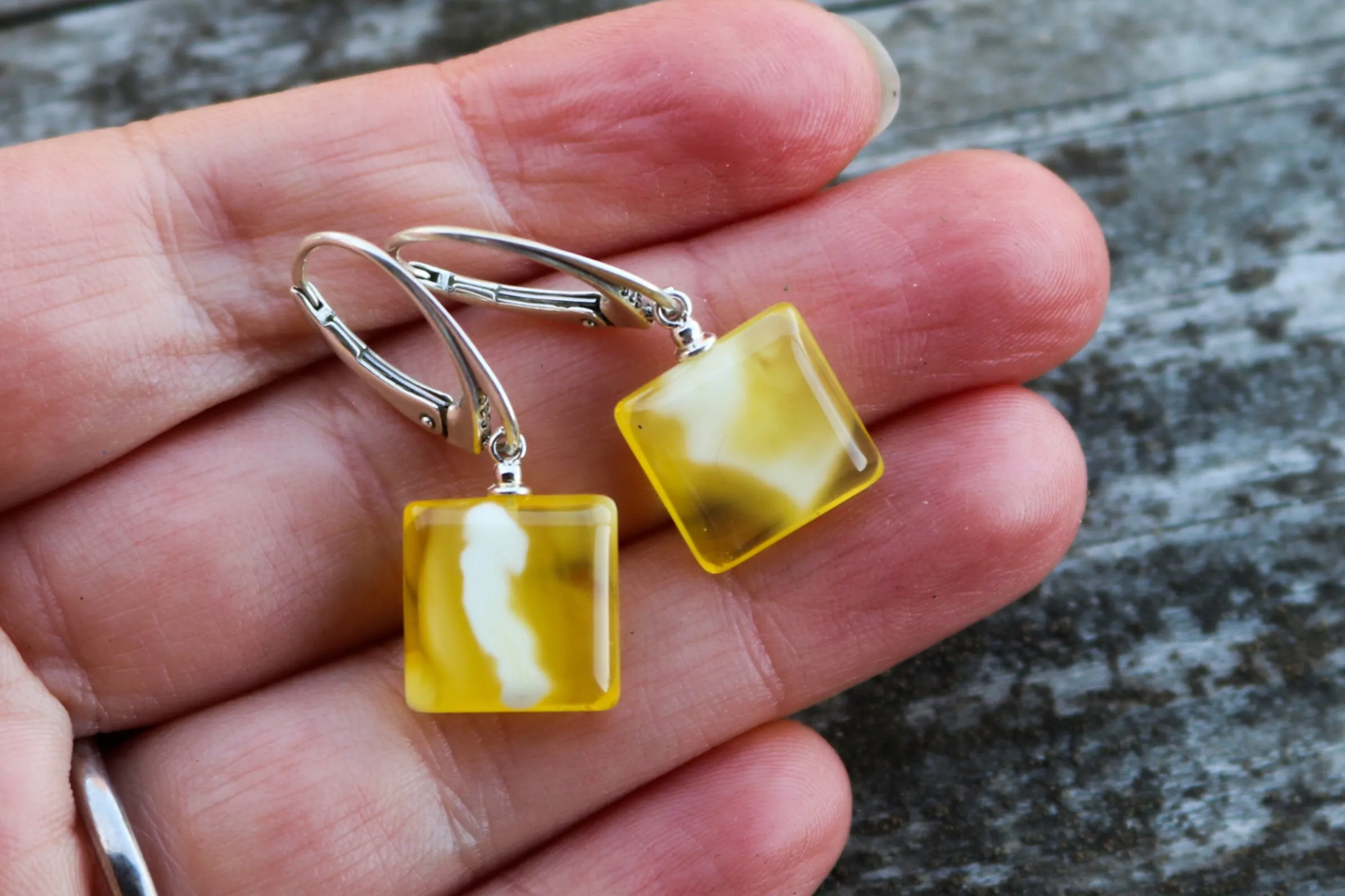 Baltic Amber Earrings Yellow Cloudy Natural Dangling Square Jewelry 1.28" 2.6 gram 925 Silver