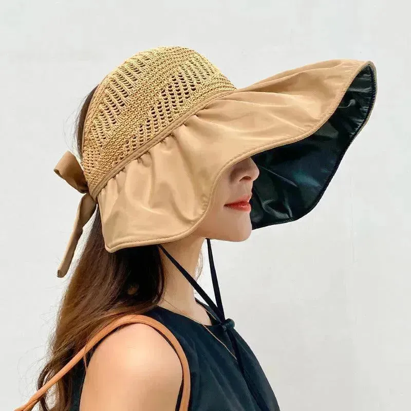 Black Rubber Beach Hat Sun Hat Female Summer Hollow Straw Hat