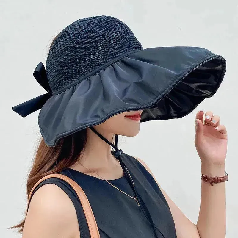 Black Rubber Beach Hat Sun Hat Female Summer Hollow Straw Hat