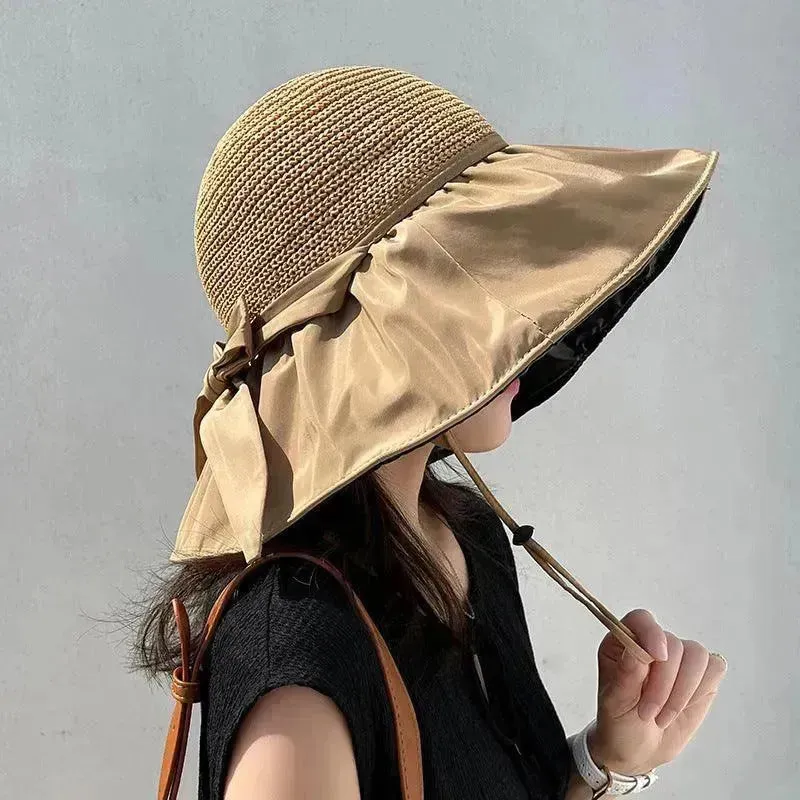 Black Rubber Beach Hat Sun Hat Female Summer Hollow Straw Hat