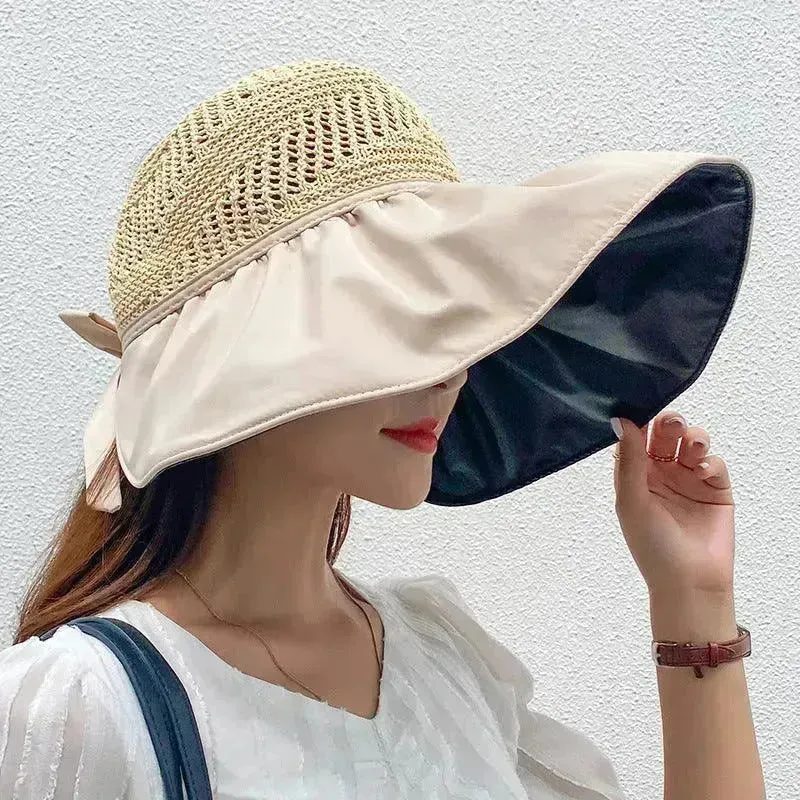 Black Rubber Beach Hat Sun Hat Female Summer Hollow Straw Hat