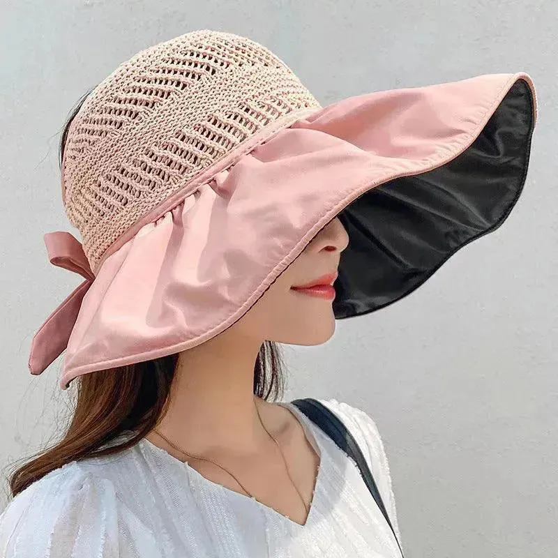 Black Rubber Beach Hat Sun Hat Female Summer Hollow Straw Hat