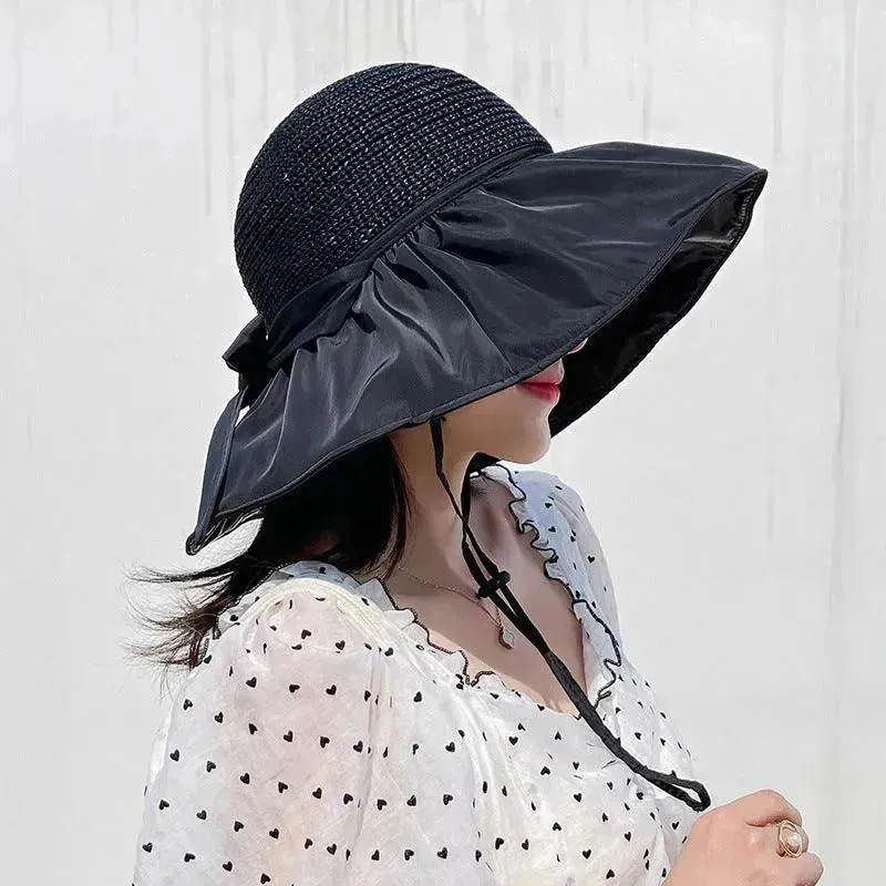 Black Rubber Beach Hat Sun Hat Female Summer Hollow Straw Hat