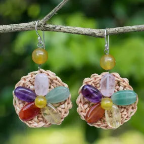 Blossoming Rhyme Multi Gemstone Flowers on Beige Hand Crocheted Earrings