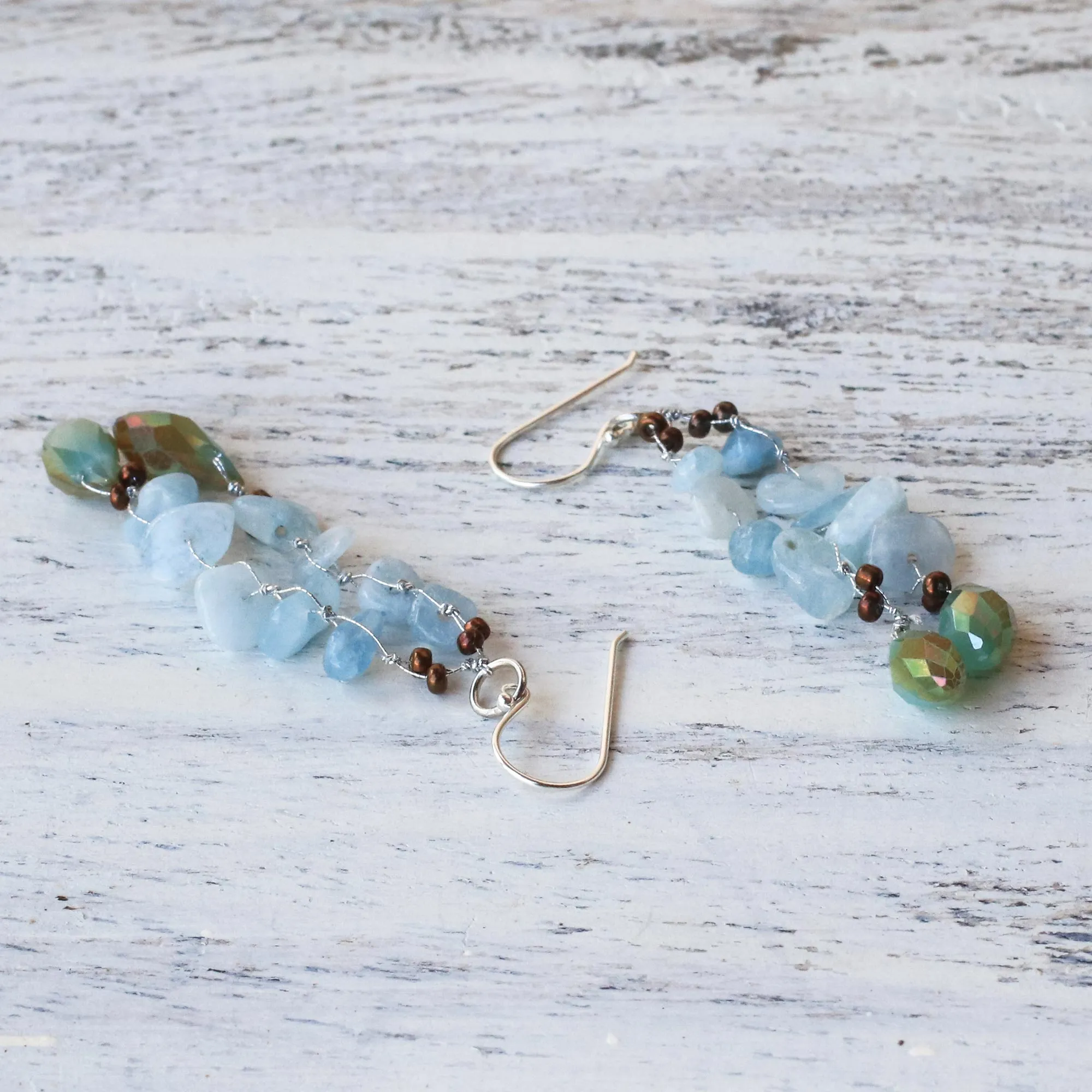 Blue Quartz and Glass Bead Dangle Earrings from Thailand - Crystalline Drops in Blue | NOVICA