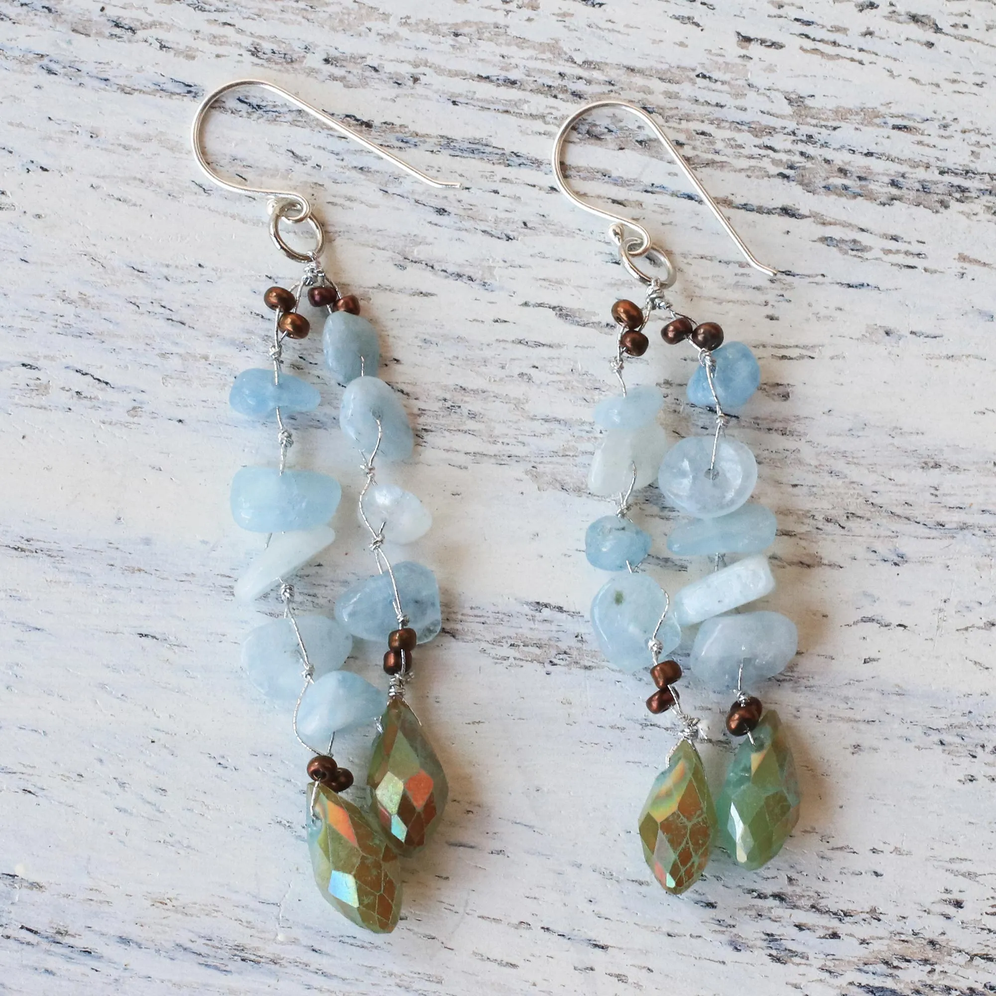 Blue Quartz and Glass Bead Dangle Earrings from Thailand - Crystalline Drops in Blue | NOVICA