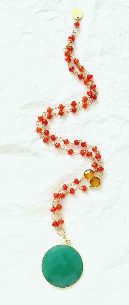 Bright Red Orange Carnelian Dyed Green Jade Yellow Chalcedony Hand Wire-Wrapped Contemporary Necklace, MB10171: Festivity