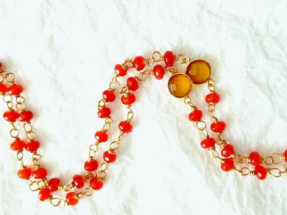 Bright Red Orange Carnelian Dyed Green Jade Yellow Chalcedony Hand Wire-Wrapped Contemporary Necklace, MB10171: Festivity