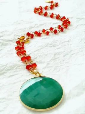 Bright Red Orange Carnelian Dyed Green Jade Yellow Chalcedony Hand Wire-Wrapped Contemporary Necklace, MB10171: Festivity