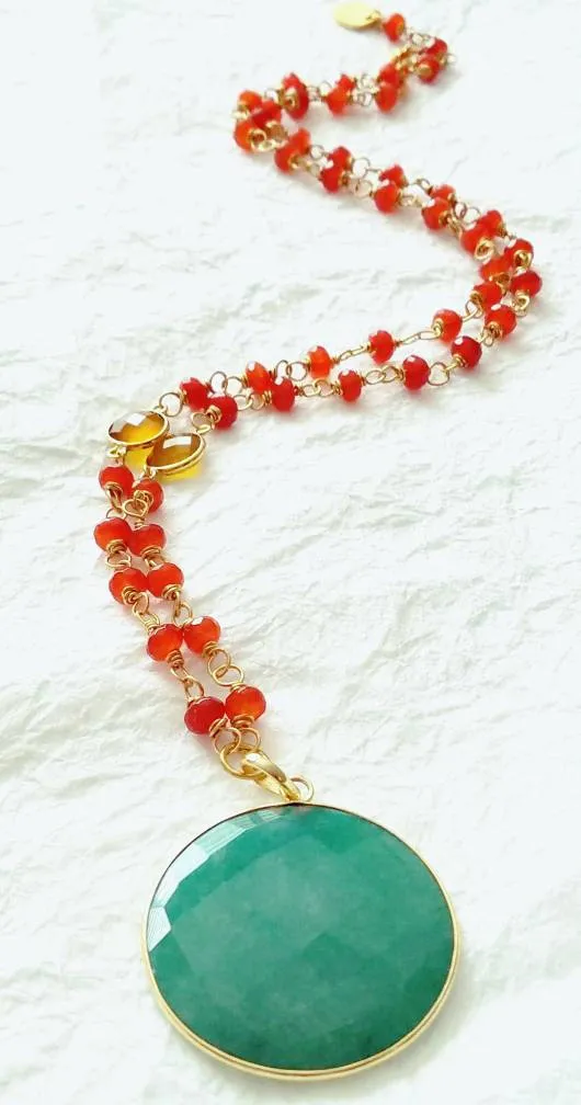 Bright Red Orange Carnelian Dyed Green Jade Yellow Chalcedony Hand Wire-Wrapped Contemporary Necklace, MB10171: Festivity