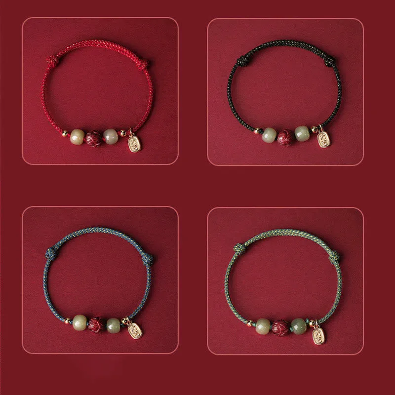 Buddha Stones 14K Gold Plated Hetian Jade Cinnabar Lotus Luck Handcrafted Rope Bracelet