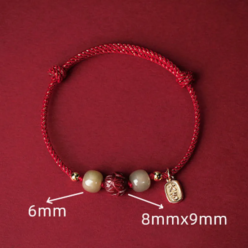 Buddha Stones 14K Gold Plated Hetian Jade Cinnabar Lotus Luck Handcrafted Rope Bracelet