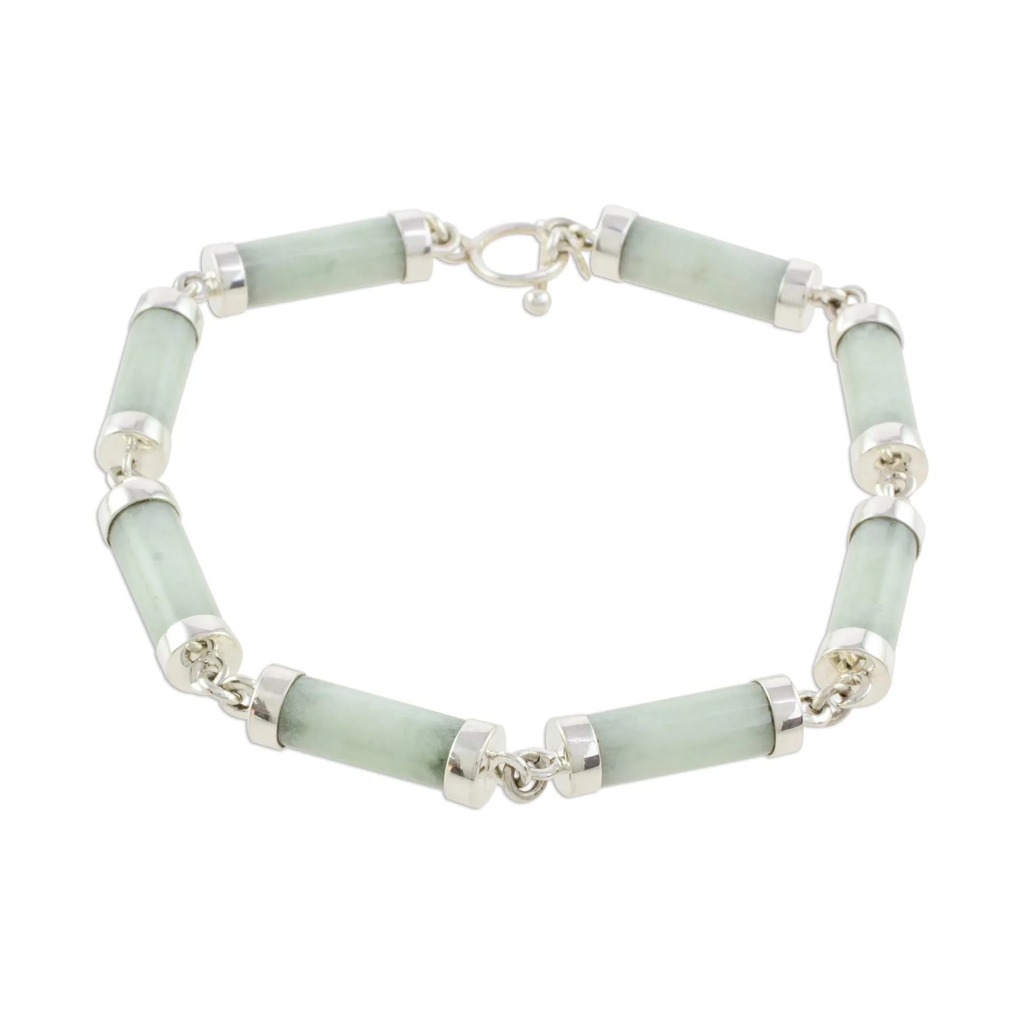 Calm Beauty Light Jade Cylinders Sterling Silver Link Wristband Bracelet