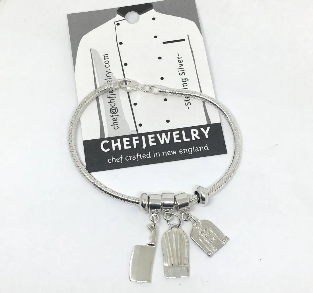 Chef Charm Bracelet European Style with Slider Beads in Sterling Silver