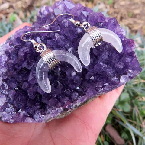 Clear Quartz Crystal Crescent Moon Earrings