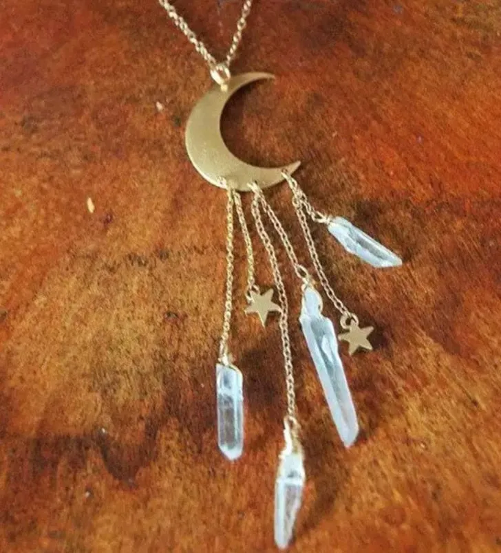 Crystal Crescent Moon Necklace Natural Quartz Stones Stars Fringe Waning Moon Gold Chain Celestial Gratitude Healing Spiritual Growth