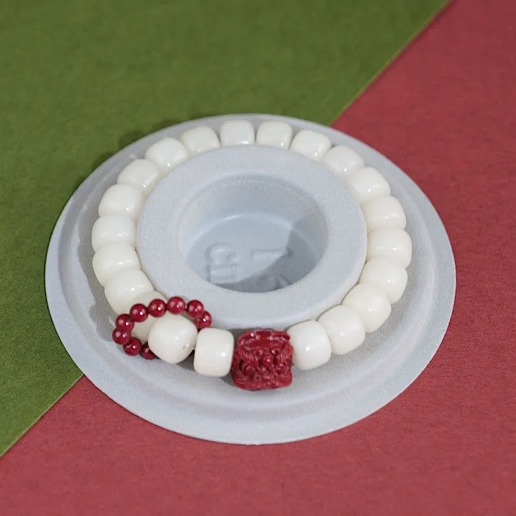 Cultural Sterling Silver Bracelet Featuring Chinese-Style White Jade and Cinnabar Lion Dancing Men's and Women's Beads