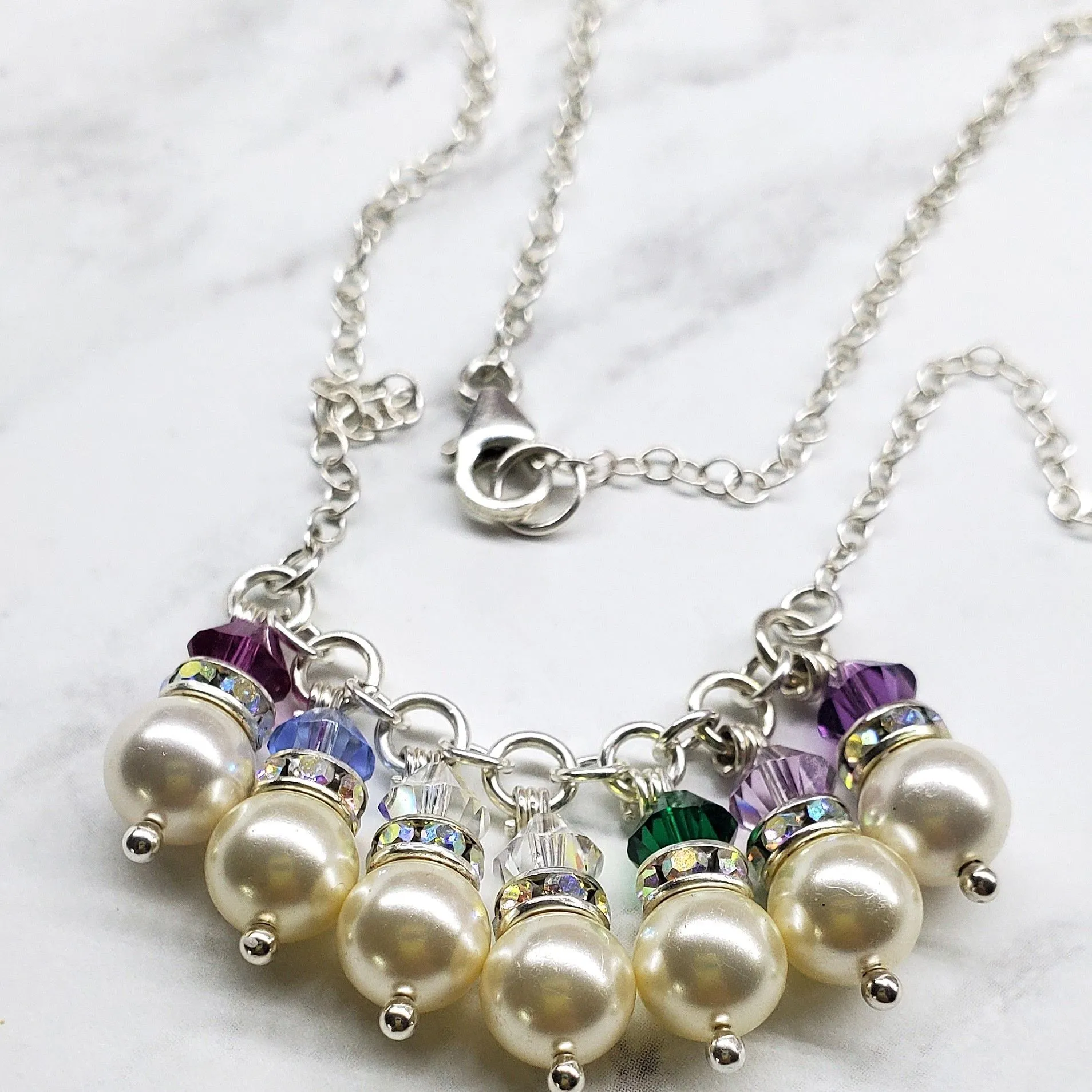 Customizable Sterling Silver Pearl Crystal Birthstone Necklace for Mom