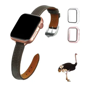 Dark Brown Flat Ostrich Leather Band Compatible Apple Watch Iwatch 40mm Screen Protector Case Silver Adapter Replacement Strap For Smartwatch Series 4 5 6 SE Leather Handmade AW-183S-W-40MM