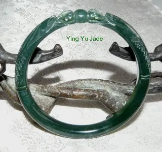 Dynasty Collection-"Two Dragons Play Pearl" Deep Green  Carved Jade Bangle 64mm (DCDDS)